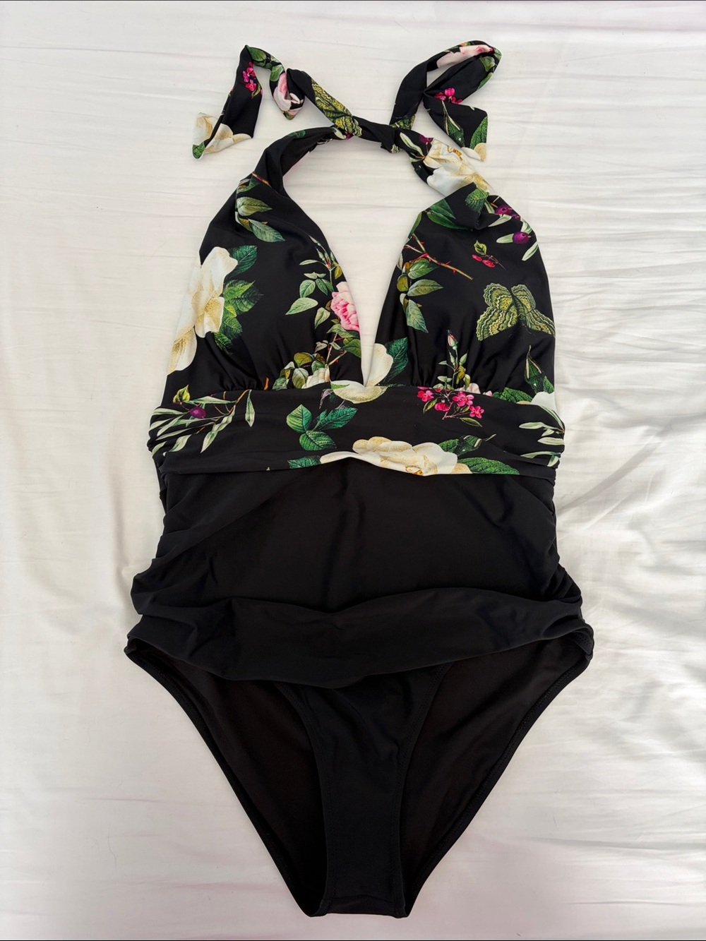 Cupshe Black Floral Pinup Halter Style One-Piece Swimsuit, Ruching, XL